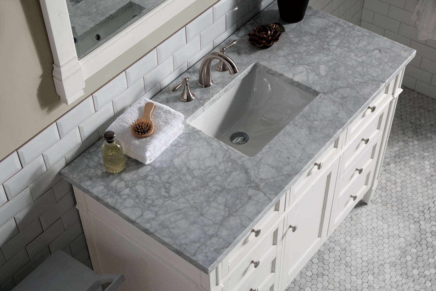 Brittany 48" Single Vanity, Bright White w/ 3 CM Carrara Marble Top