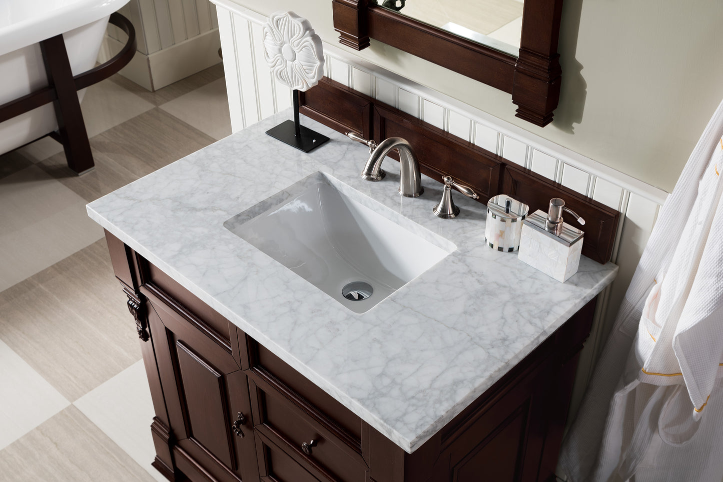 Brookfield 36" Single Vanity, Burnished Mahogany w/ 3 CM Carrara Marble Top