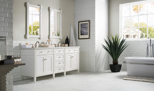 Brittany 72" Double Vanity, Bright White Vanity w/ 3 CM Arctic Fall Solid Surface Top