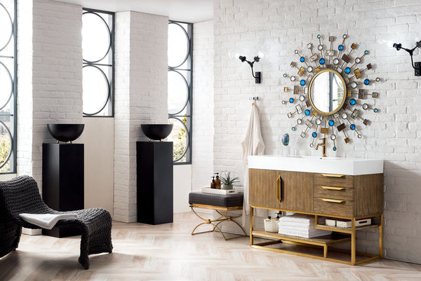 Columbia 48 Single Vanity, Latte Oak, Radiant Gold w/ Glossy White Composite Stone Top