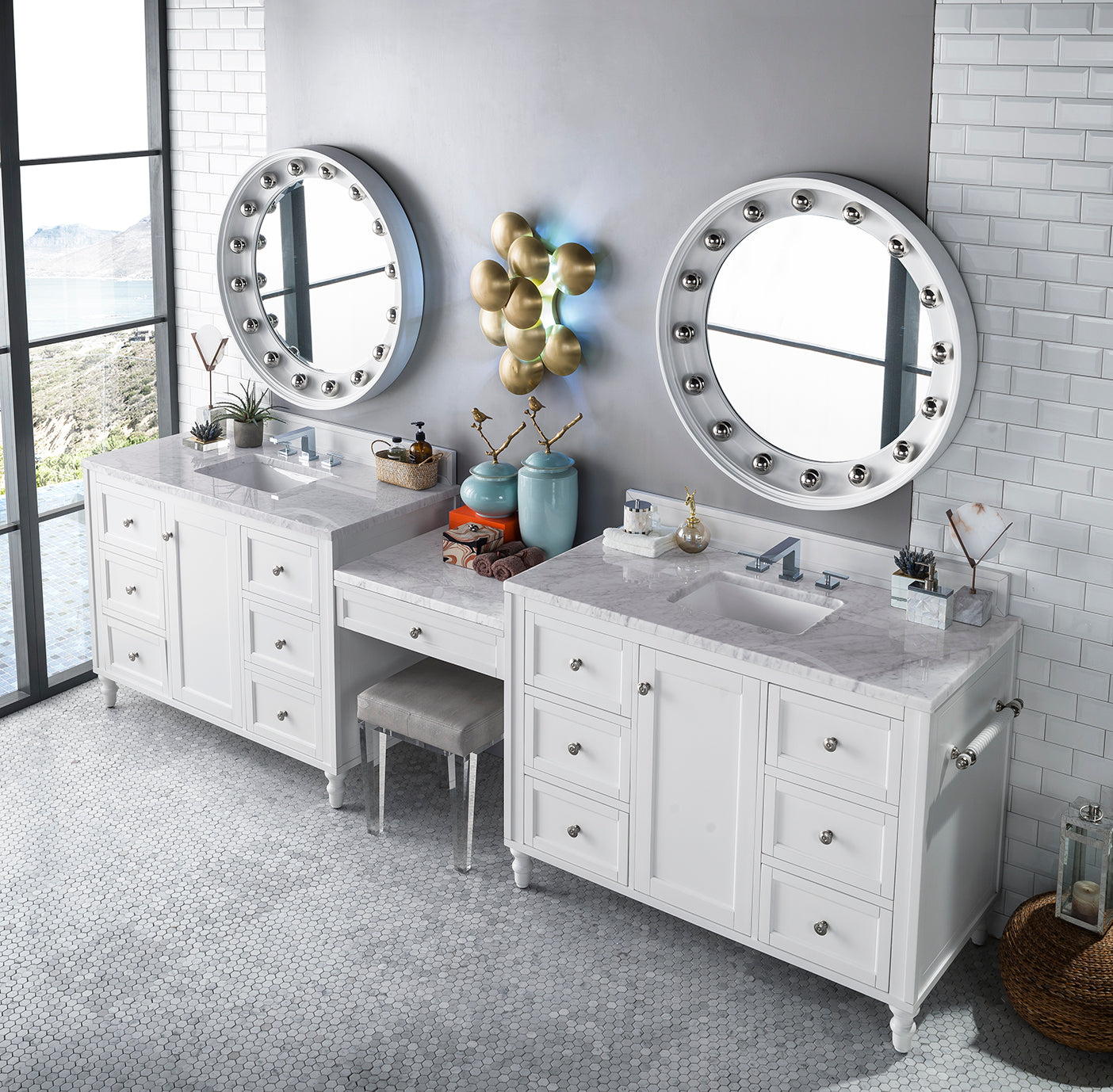 Copper Cove Encore 122" Double Vanity Set, Bright White w/ 3 CM Carrara Marble Top