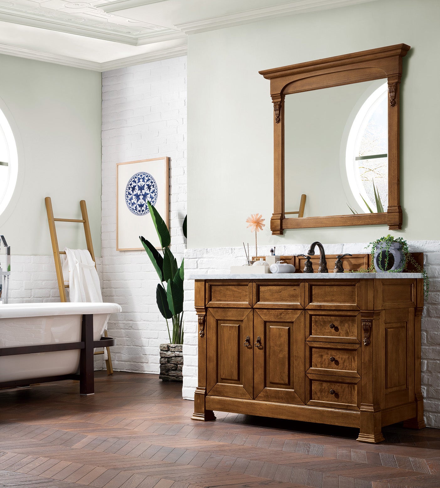 Brookfield 48" Single Vanity, Country Oak w/ 3 CM Carrara Marble Top