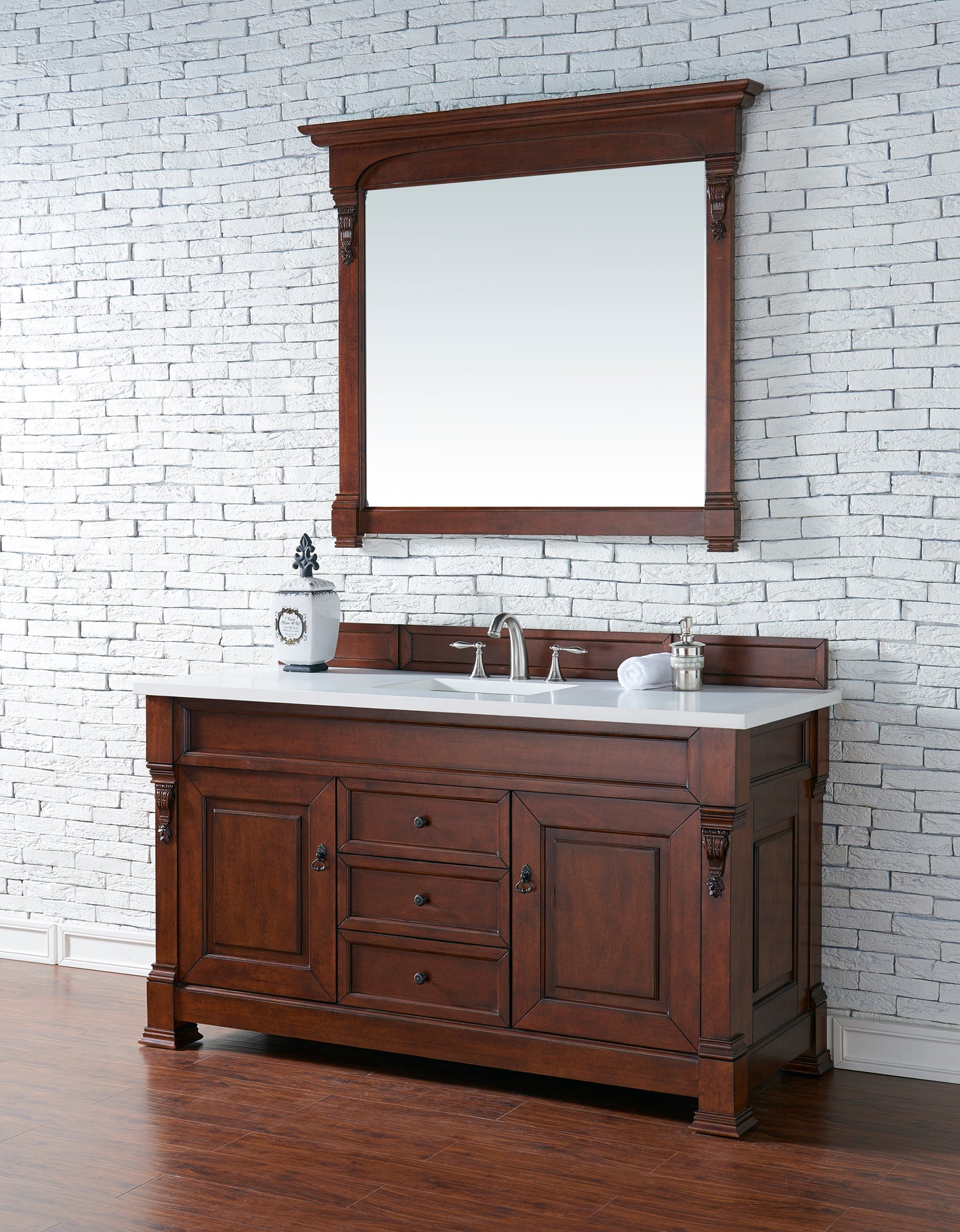 Brookfield 60" Single Vanity, Warm Cherry w/ 3 CM White Zeus Quartz Top