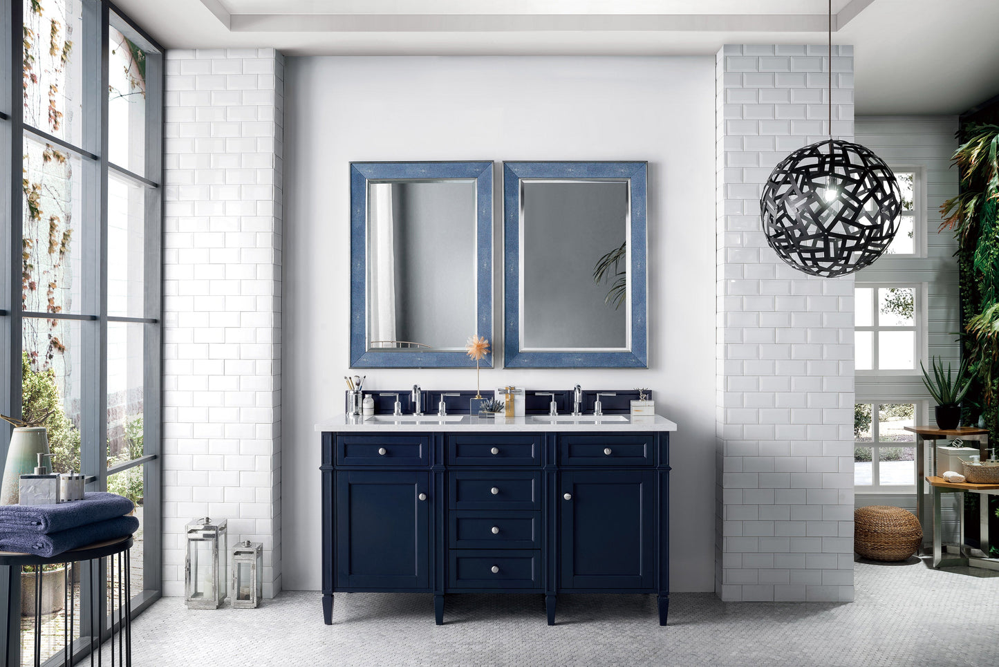 Brittany 60" Double Vanity, Victory Blue w/ 3 CM Eternal Jasmine Pearl Quartz Top