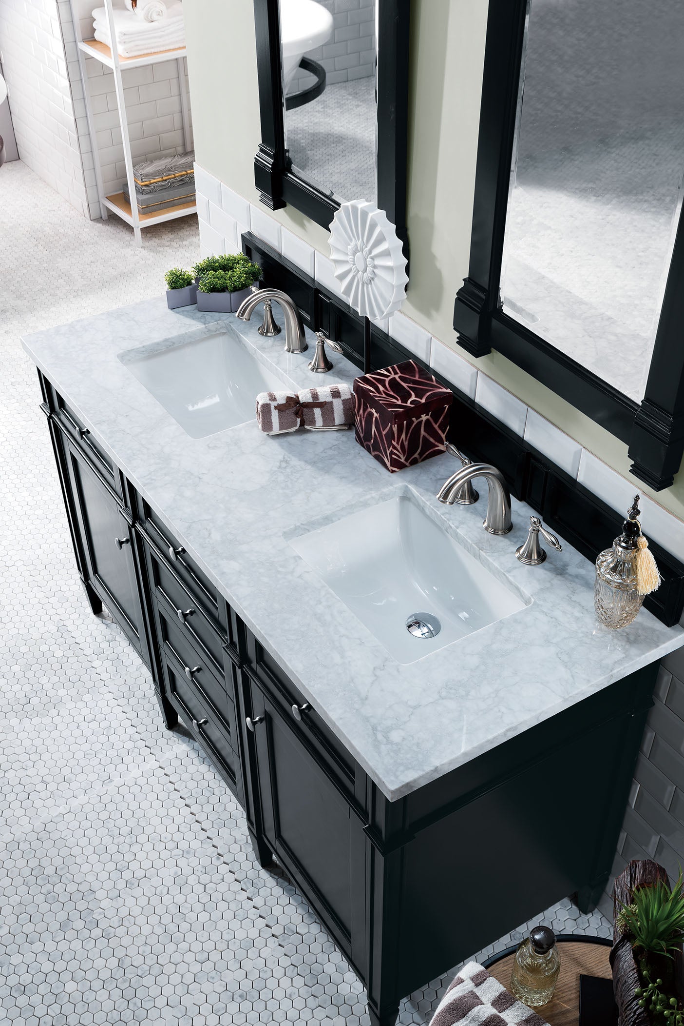 Brittany 60" Double Vanity, Black Onyx w/ 3 CM Carrara Marble Top