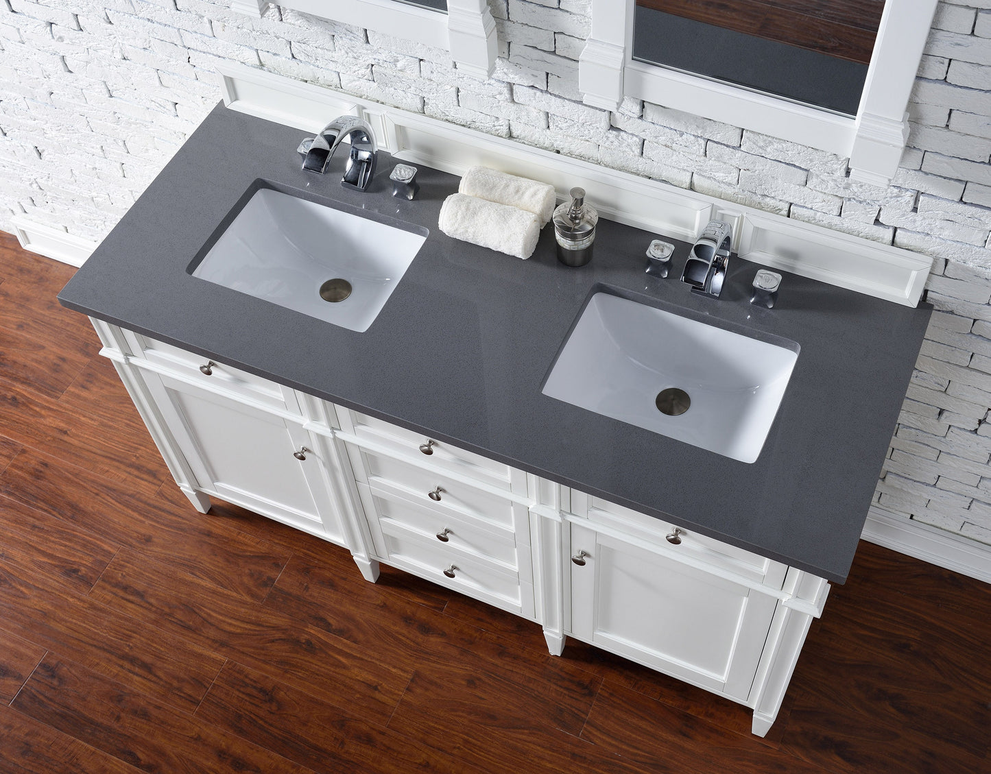 Brittany 60" Double Vanity, Bright White Vanity w/ 3 CM Charcoal Soapstone Quartz Top