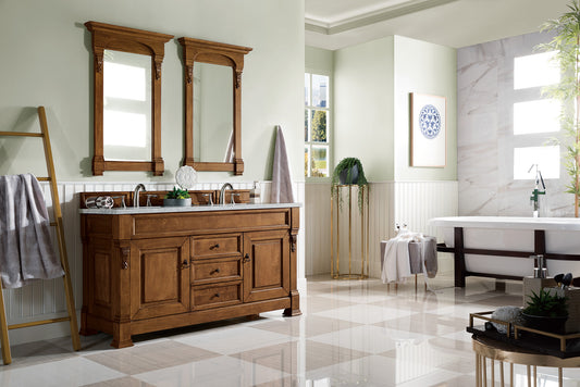 Brookfield 60" Double Vanity, Country Oak w/ 3 CM Carrara Marble Top