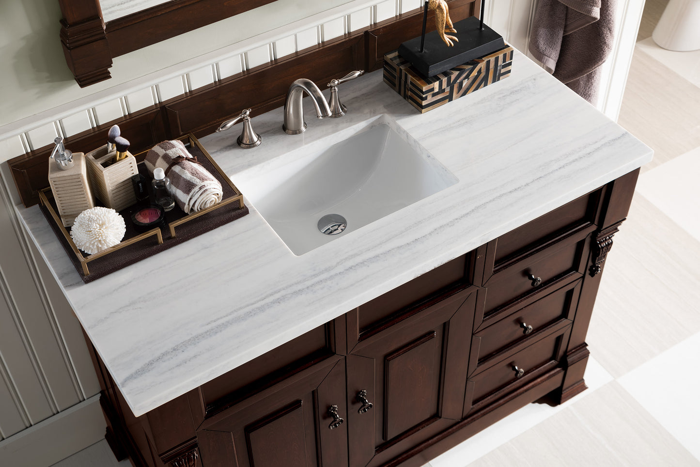 Brookfield 48" Single Vanity, Burnished Mahogany w/ 3 CM Arctic Fall Solid Surface Top