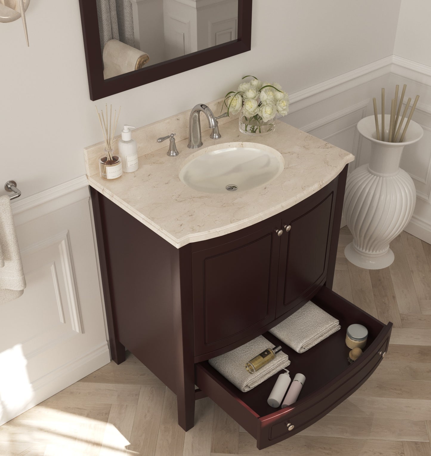 Estella 32" Brown Bathroom Vanity with Jerusalem Gold Marble Countertop