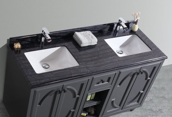 Odyssey 60 Maple Grey Double Sink Bathroom Vanity with Black Wood Marble Countertop