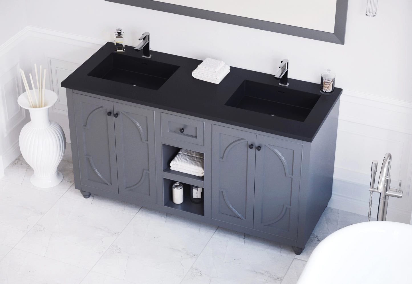 Odyssey 60" Maple Grey Double Sink Bathroom Vanity with Matte Black VIVA Stone Solid Surface Countertop