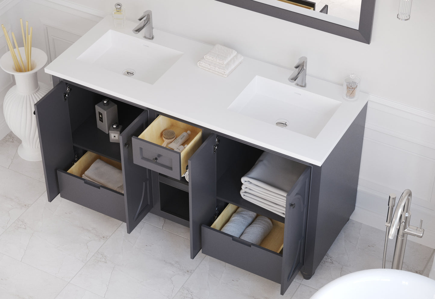 Odyssey 60" Maple Grey Double Sink Bathroom Vanity with Matte White VIVA Stone Solid Surface Countertop