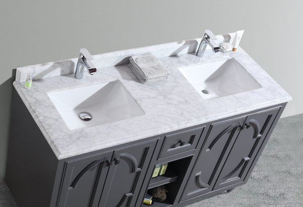 Odyssey 60 Maple Grey Double Sink Bathroom Vanity with White Carrara Marble Countertop