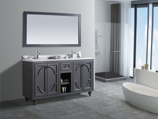 Odyssey 60" Maple Grey Double Sink Bathroom Vanity with White Stripes Marble Countertop