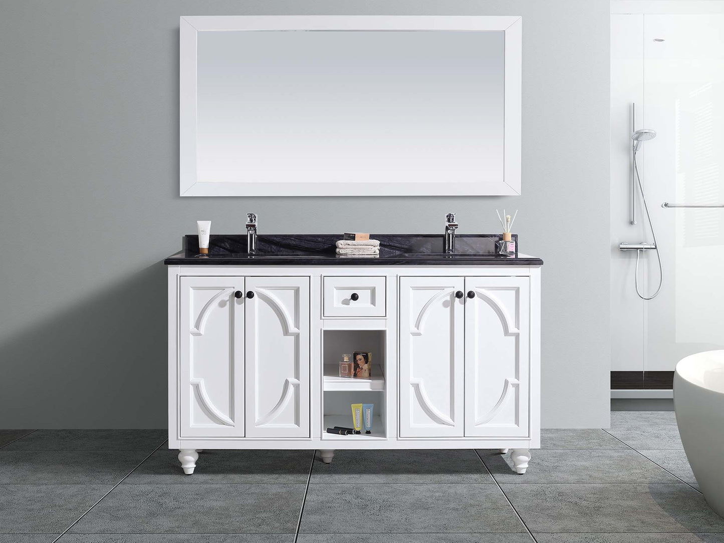 Odyssey 60" White Double Sink Bathroom Vanity with Black Wood Marble Countertop