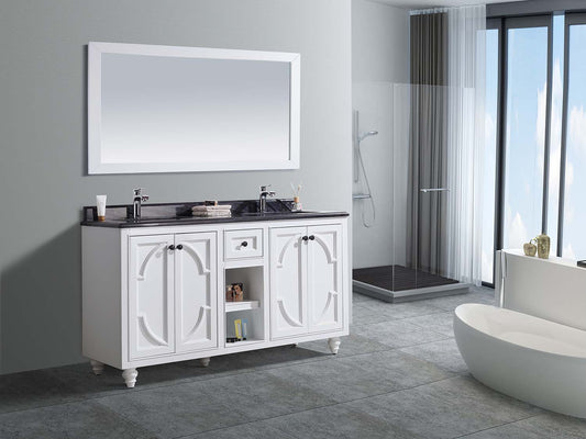 Odyssey 60" White Double Sink Bathroom Vanity with Black Wood Marble Countertop