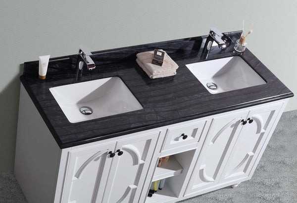 Odyssey 60 White Double Sink Bathroom Vanity with Black Wood Marble Countertop