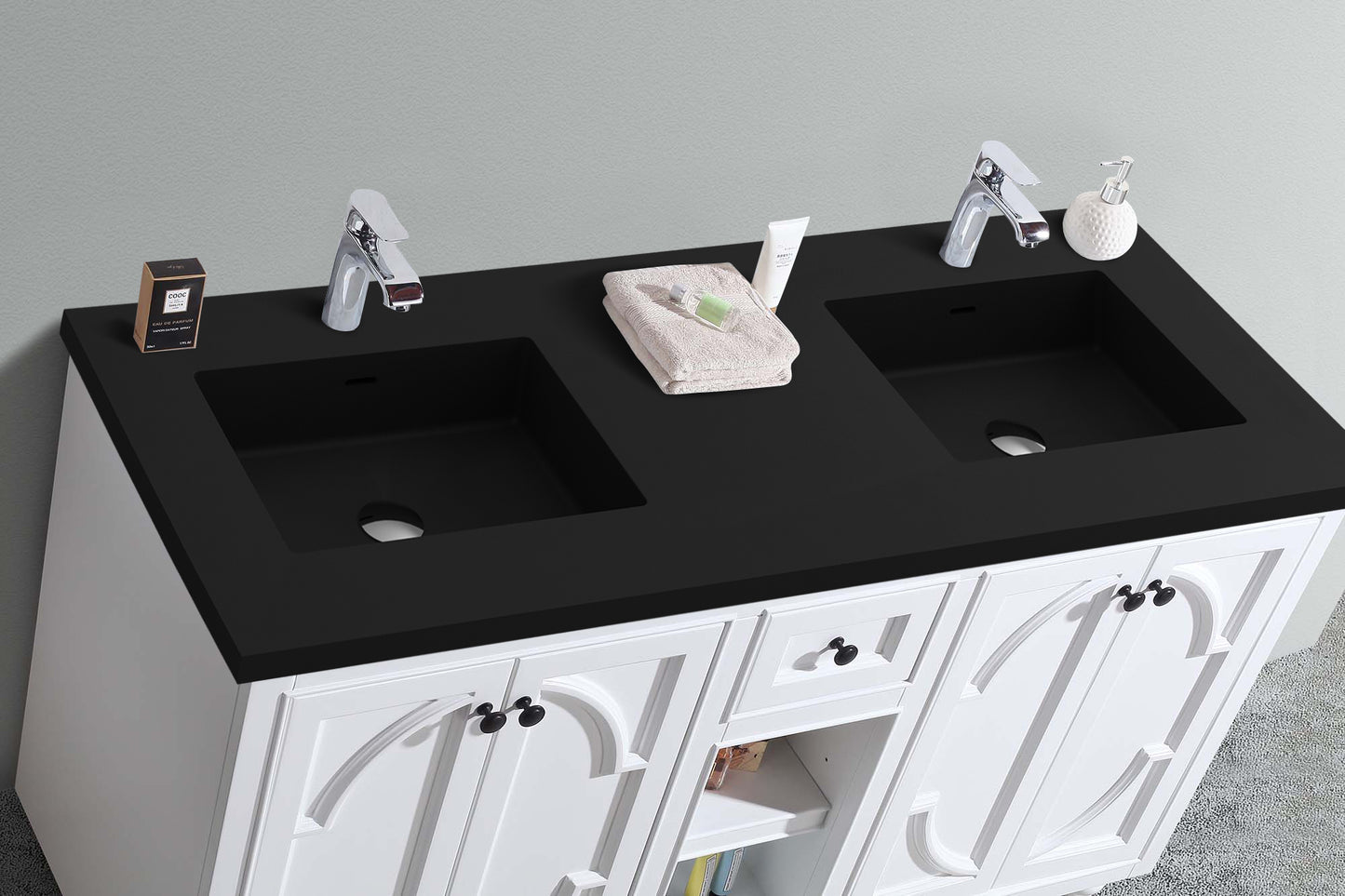 Odyssey 60" White Double Sink Bathroom Vanity with Matte Black VIVA Stone Solid Surface Countertop