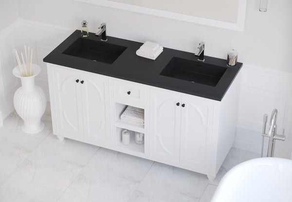 Odyssey 60 White Double Sink Bathroom Vanity with Matte Black VIVA Stone Solid Surface Countertop