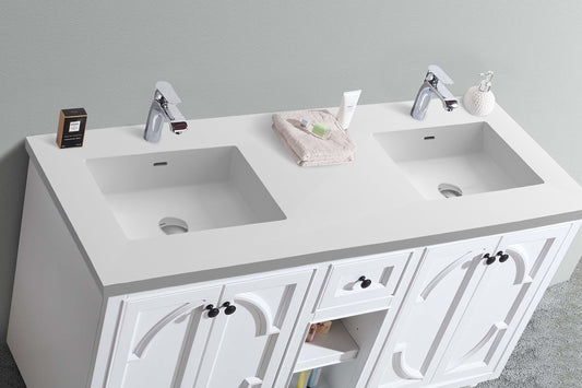 Odyssey 60" White Double Sink Bathroom Vanity with Matte White VIVA Stone Solid Surface Countertop