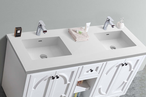 Odyssey 60 White Double Sink Bathroom Vanity with Matte White VIVA Stone Solid Surface Countertop