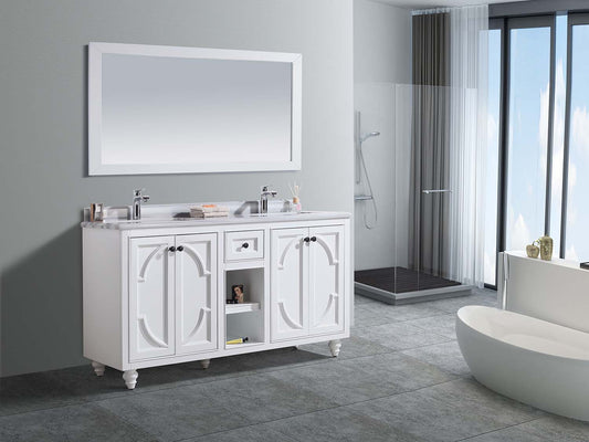 Odyssey 60" White Double Sink Bathroom Vanity with White Stripes Marble Countertop