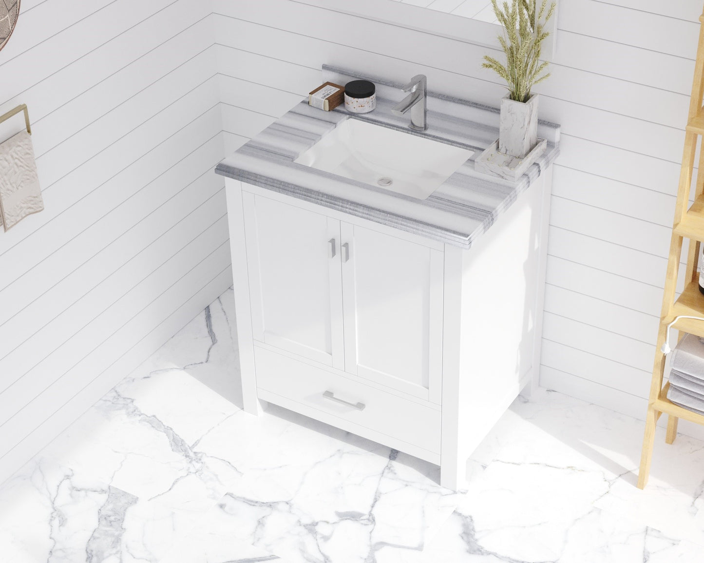 Wilson 30" White Bathroom Vanity with White Stripes Marble Countertop