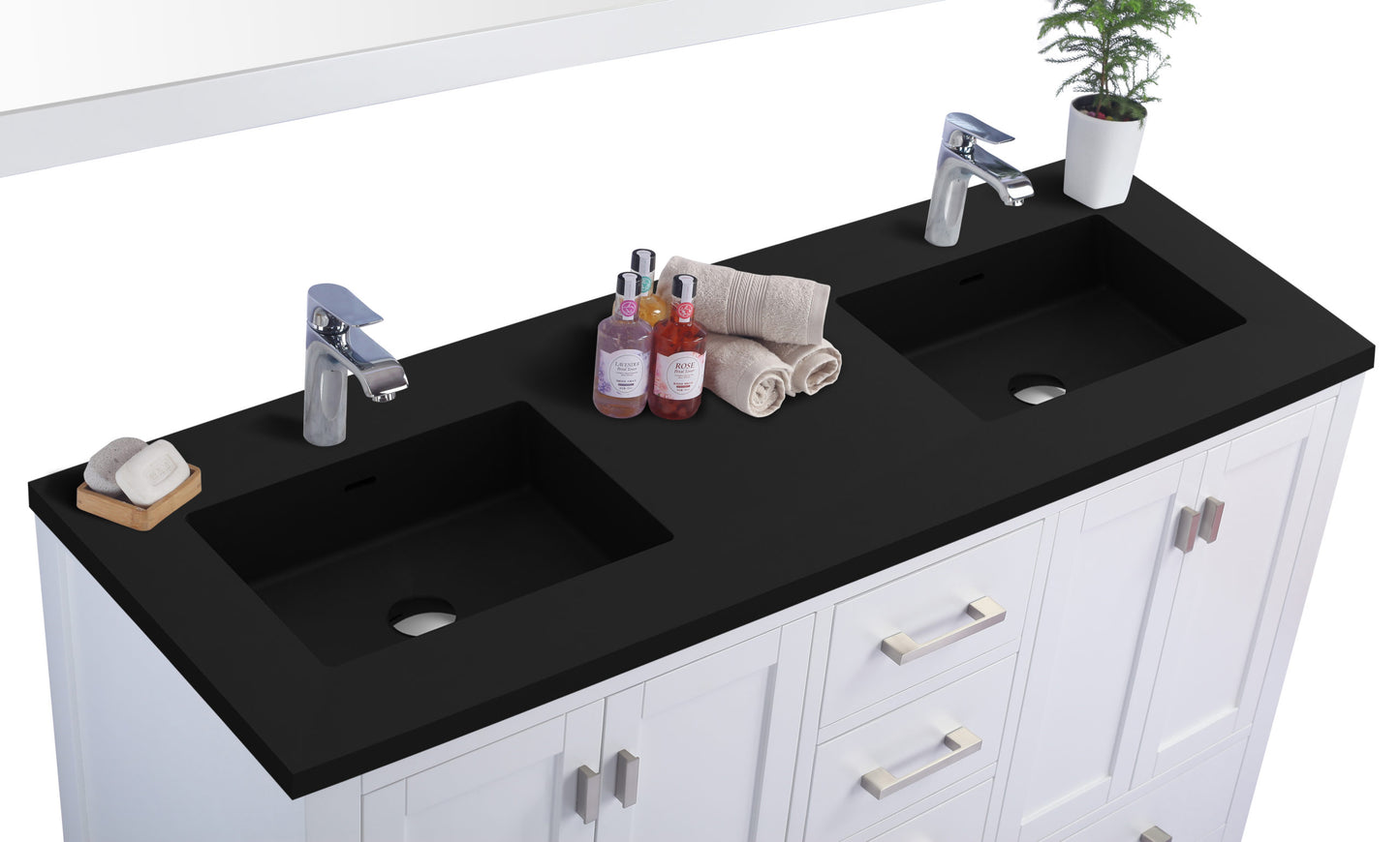 Wilson 60" White Double Sink Bathroom Vanity with Matte Black VIVA Stone Solid Surface Countertop