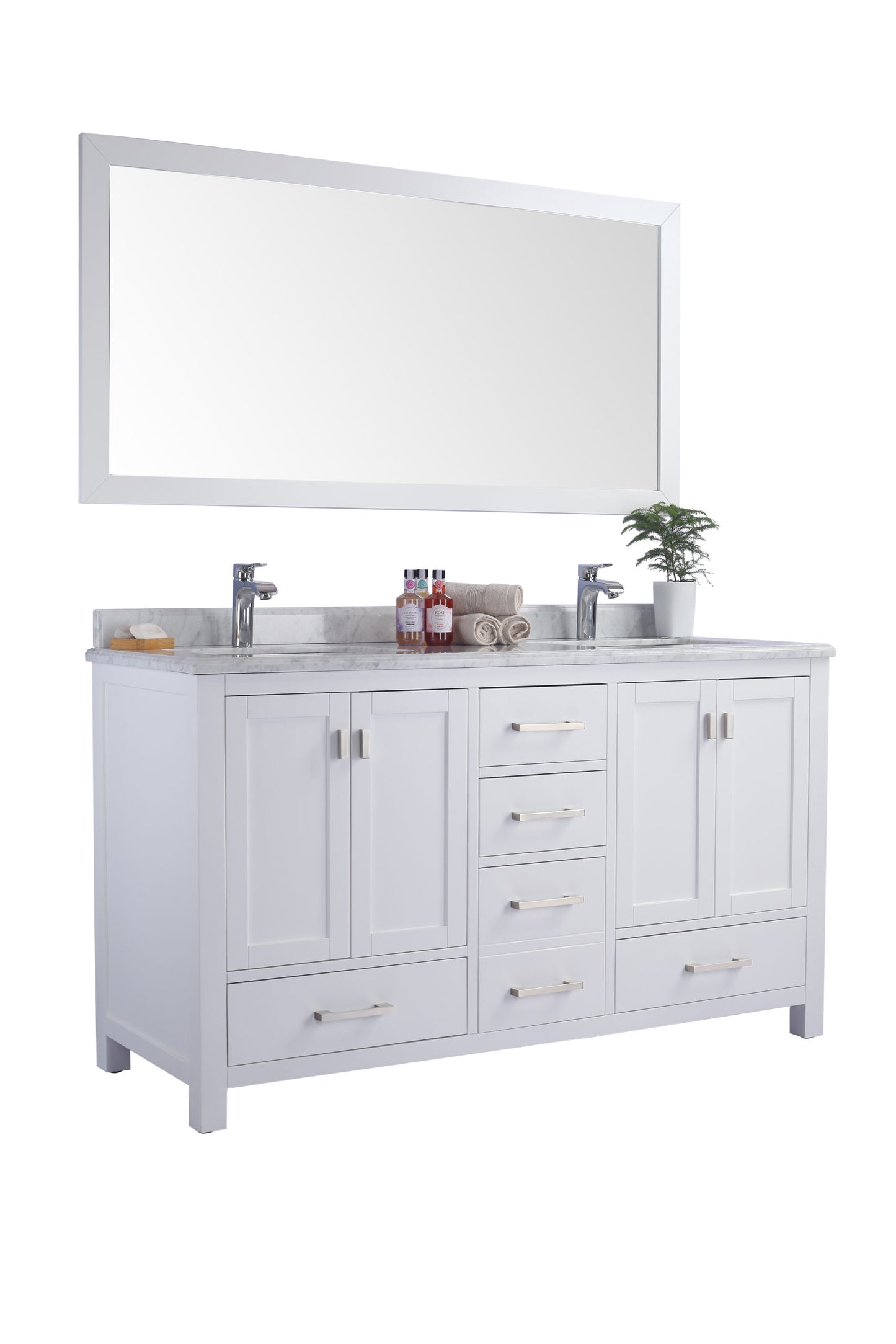 Wilson 60" White Double Sink Bathroom Vanity with White Carrara Marble Countertop