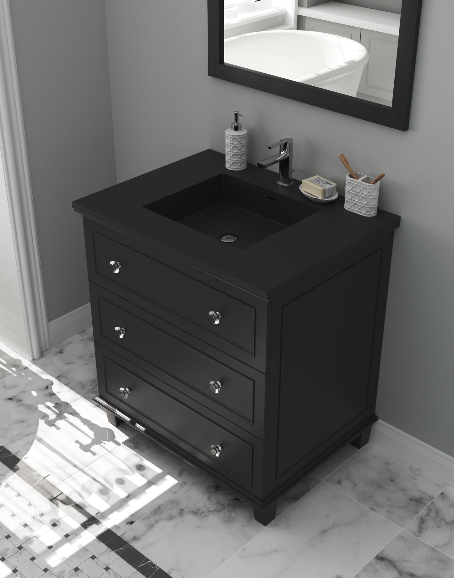 Luna 30" Espresso Bathroom Vanity with Matte Black VIVA Stone Solid Surface Countertop