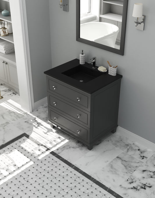 Luna 30" Maple Grey Bathroom Vanity with Matte Black VIVA Stone Solid Surface Countertop