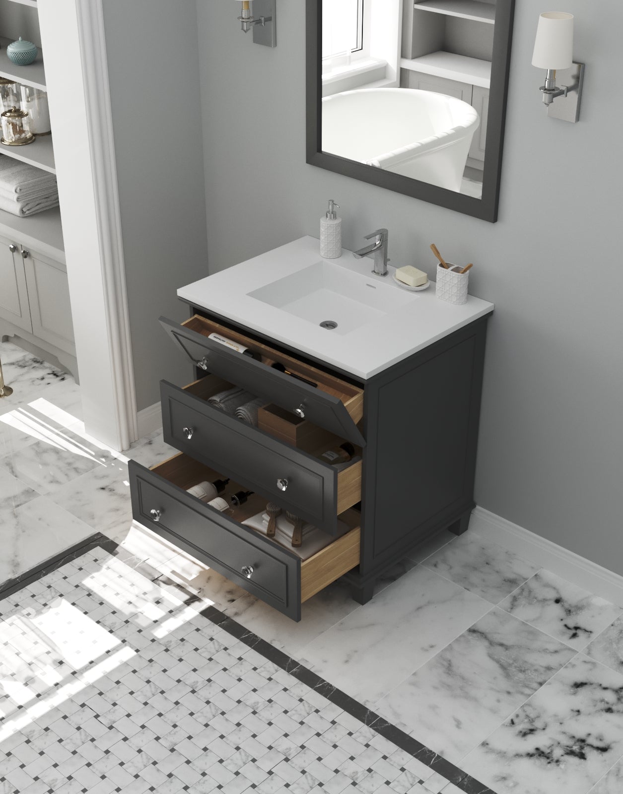 Luna 30" Maple Grey Bathroom Vanity with Matte White VIVA Stone Solid Surface Countertop