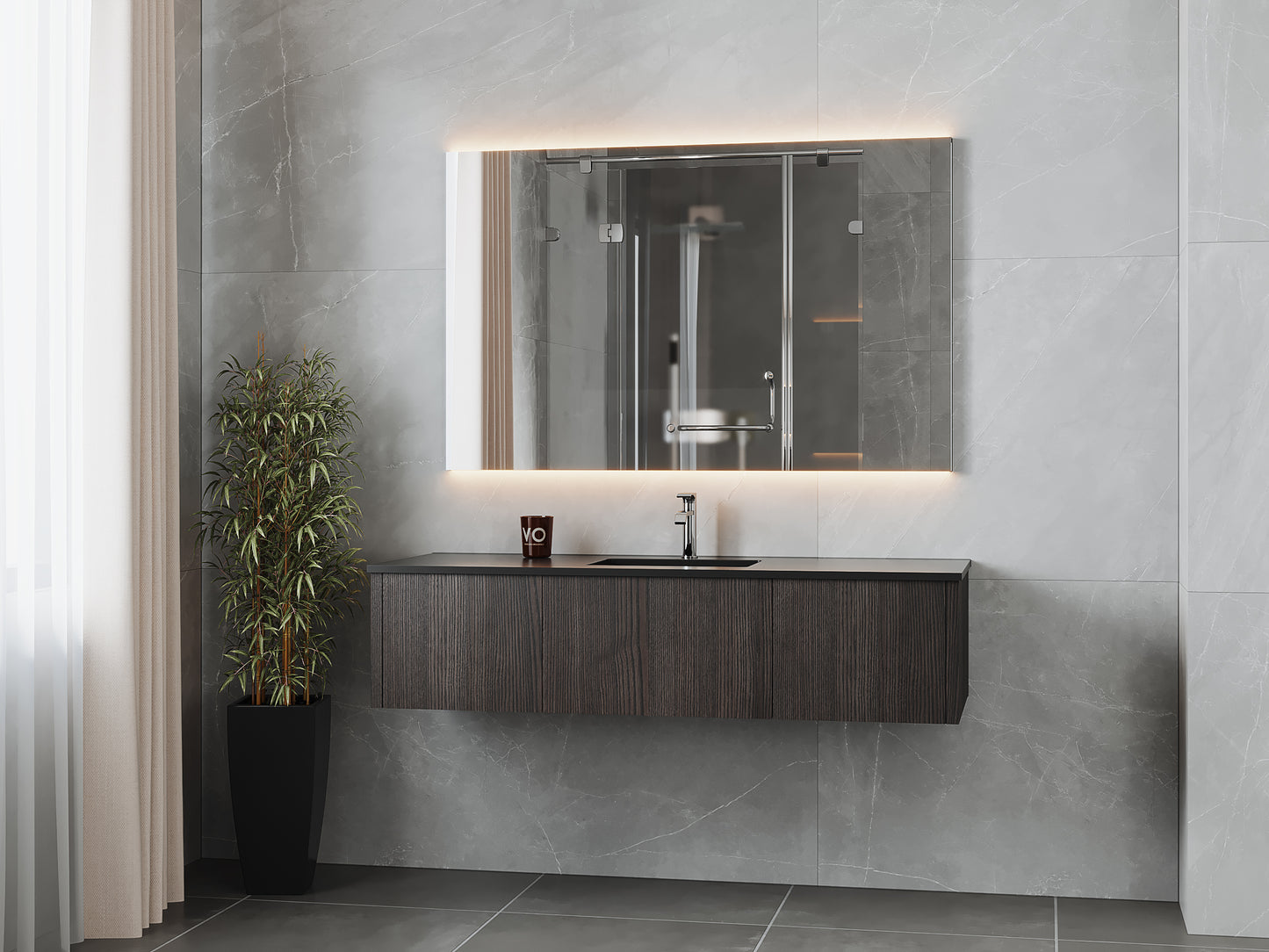 Legno 60" Carbon Oak Single Sink Bathroom Vanity with Matte Black VIVA Stone Solid Surface Countertop
