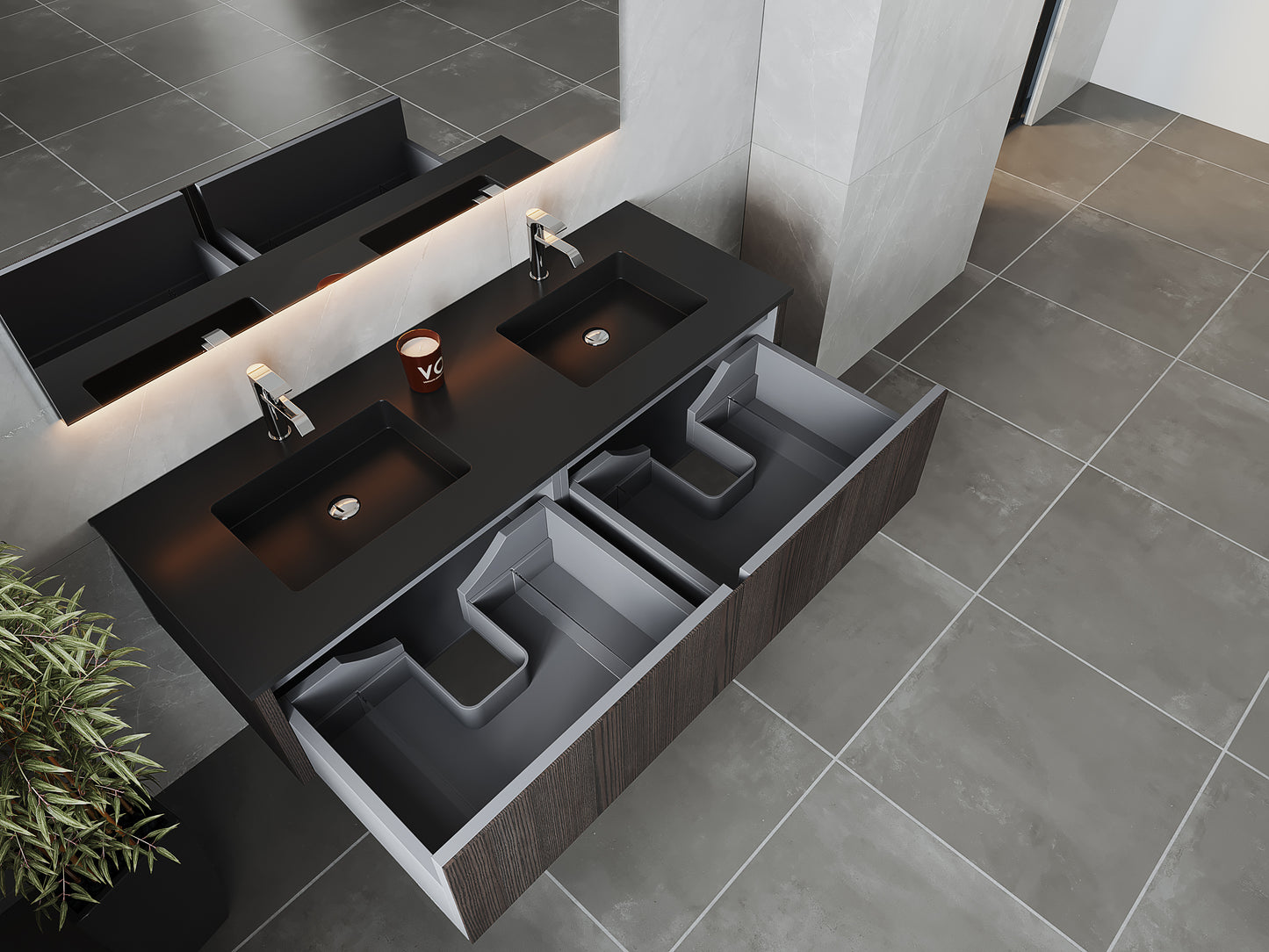 Legno 60" Carbon Oak Double Sink Bathroom Vanity with Matte Black VIVA Stone Solid Surface Countertop