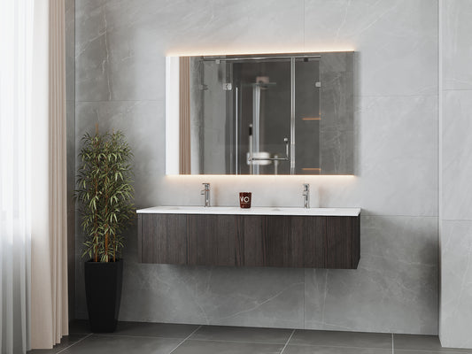 Legno 60" Carbon Oak Double Sink Bathroom Vanity with Matte White VIVA Stone Solid Surface Countertop