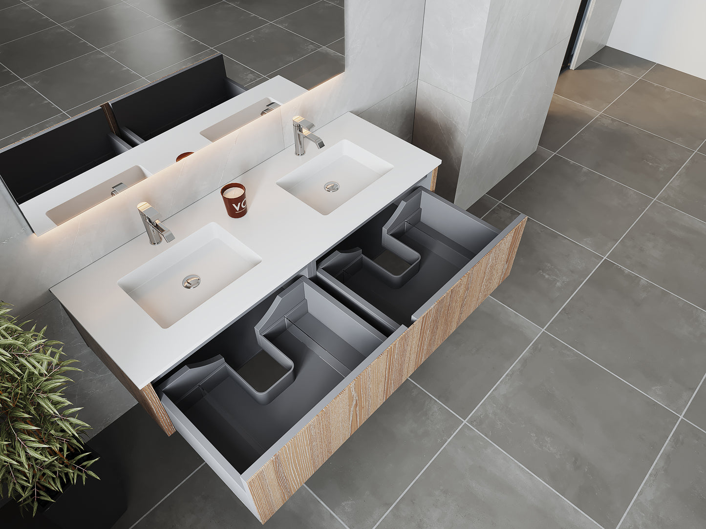 Legno 60" Weathered Grey Double Sink Bathroom Vanity with Matte White VIVA Stone Solid Surface Countertop