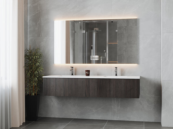 Legno 72 Carbon Oak Double Sink Bathroom Vanity with Matte White VIVA Stone Solid Surface Countertop