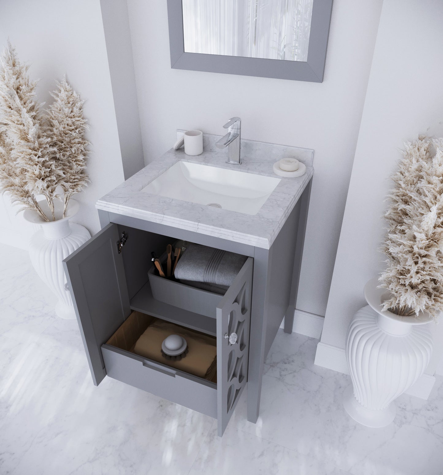 Mediterraneo 24" Grey Bathroom Vanity with White Carrara Marble Countertop