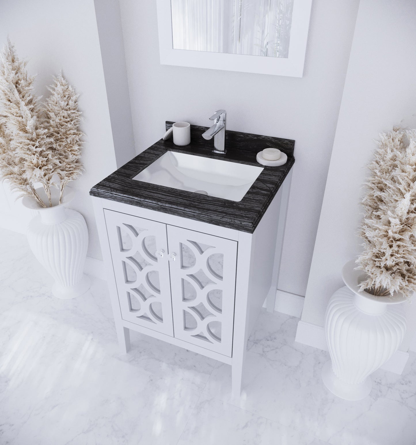 Mediterraneo 24" White Bathroom Vanity with Black Wood Marble Countertop