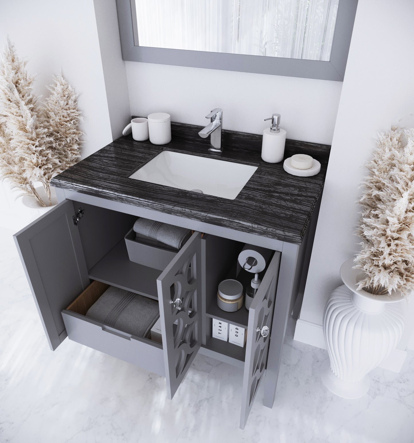 Mediterraneo 36" Grey Bathroom Vanity with Black Wood Marble Countertop