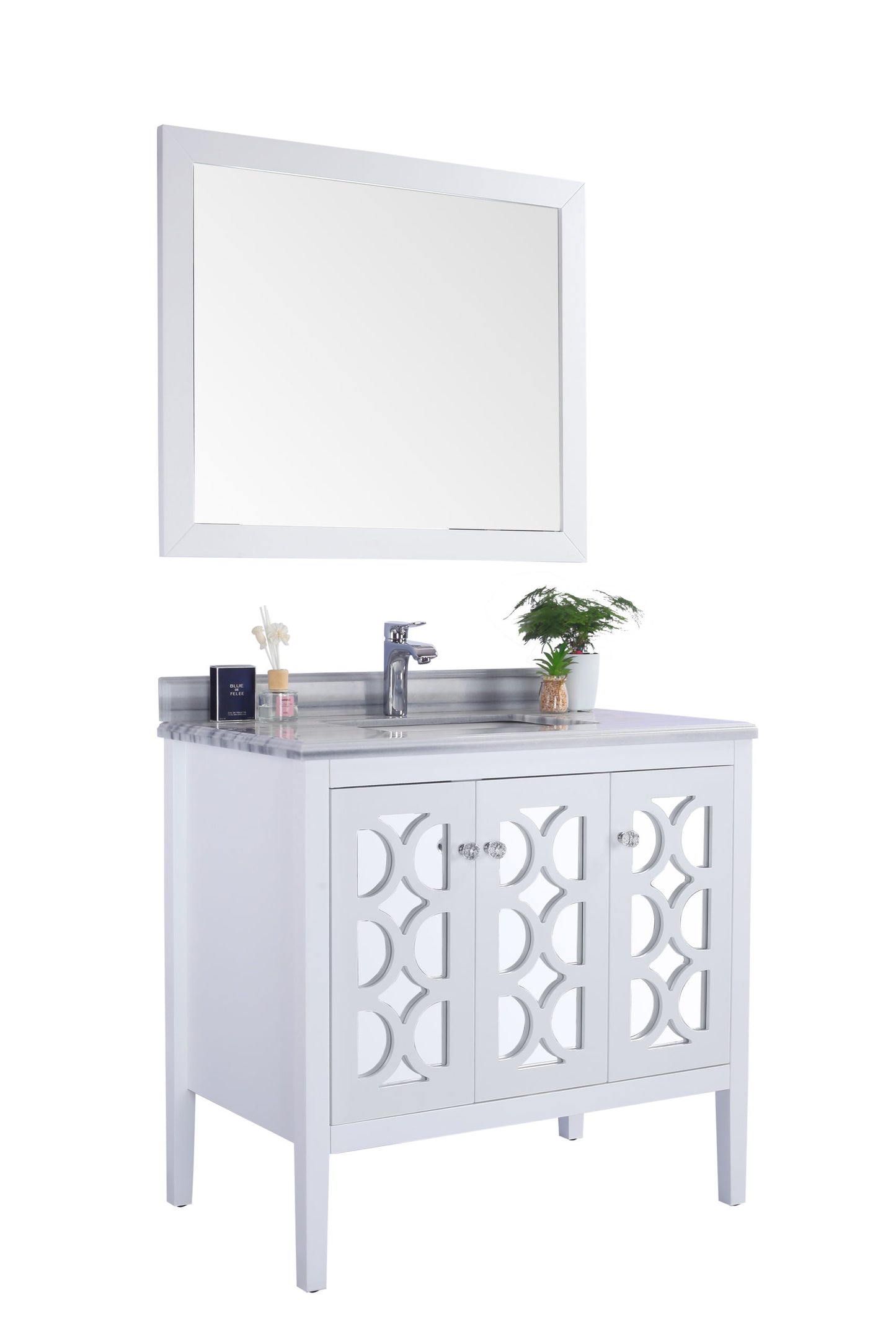 Mediterraneo 36" White Bathroom Vanity with White Stripes Marble Countertop