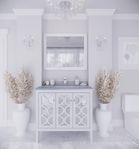 Mediterraneo 36" White Bathroom Vanity with White Stripes Marble Countertop