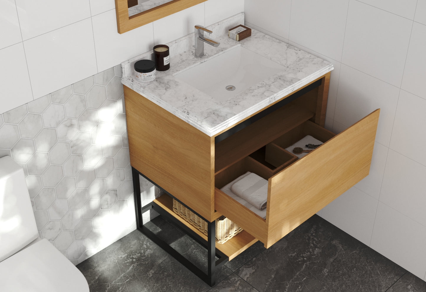 Alto 30" California White Oak Bathroom Vanity with White Carrara Marble Countertop