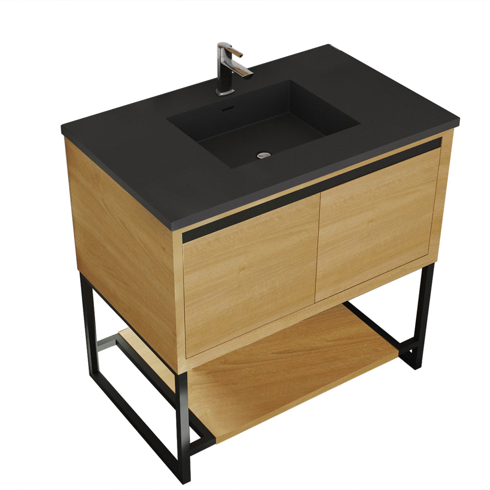 Alto 36" California White Oak Bathroom Vanity with Matte Black VIVA Stone Solid Surface Countertop