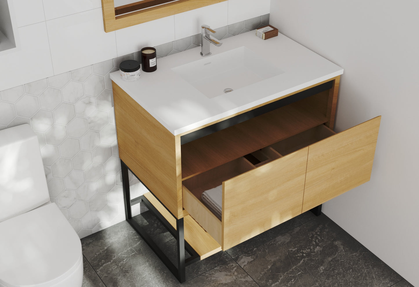 Alto 36" California White Oak Bathroom Vanity with Matte White VIVA Stone Solid Surface Countertop