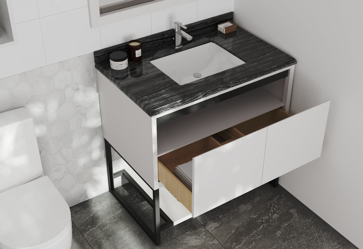 Alto 36" White Bathroom Vanity with Black Wood Marble Countertop