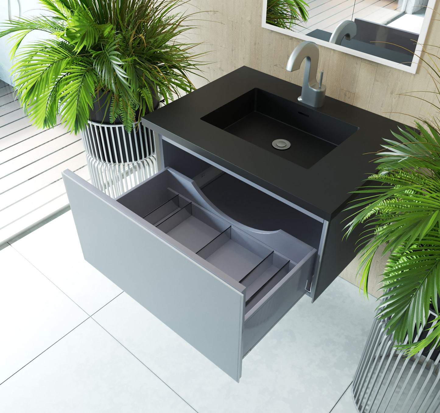 Vitri 30" Fossil Grey Bathroom Vanity with VIVA Stone Matte Black Solid Surface Countertop