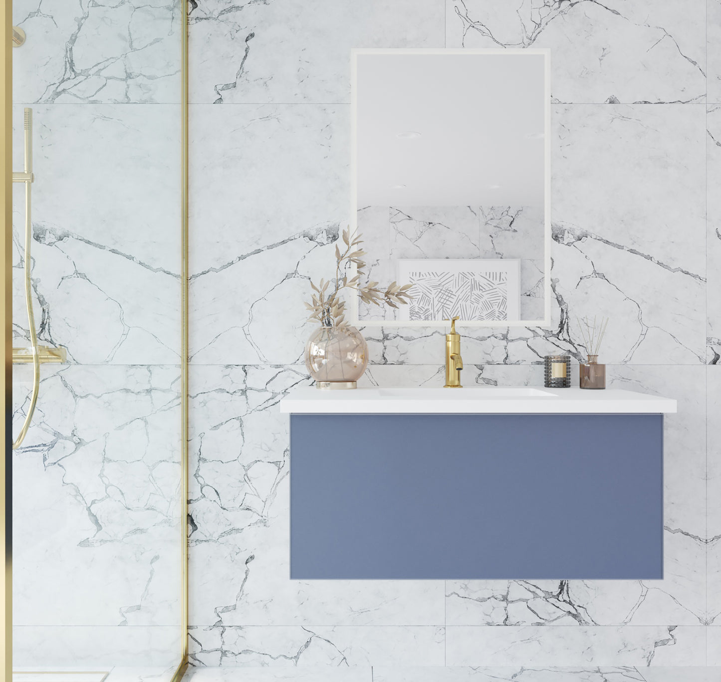 Vitri 36" Nautical Blue Bathroom Vanity with VIVA Stone Matte White Solid Surface Countertop