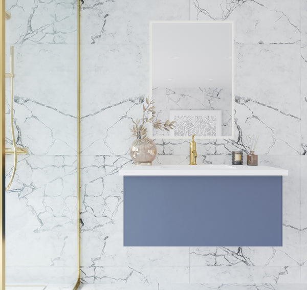 Vitri 36 Nautical Blue Bathroom Vanity with VIVA Stone Matte White Solid Surface Countertop