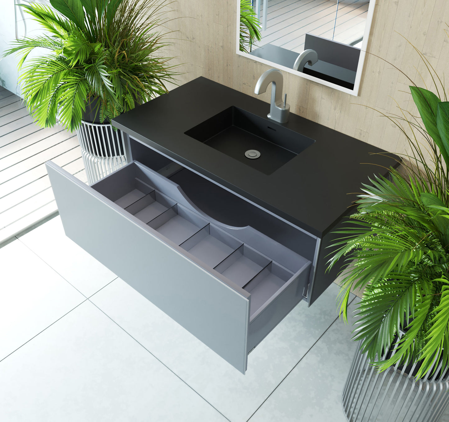 Vitri 42" Fossil Grey Bathroom Vanity with VIVA Stone Matte Black Solid Surface Countertop